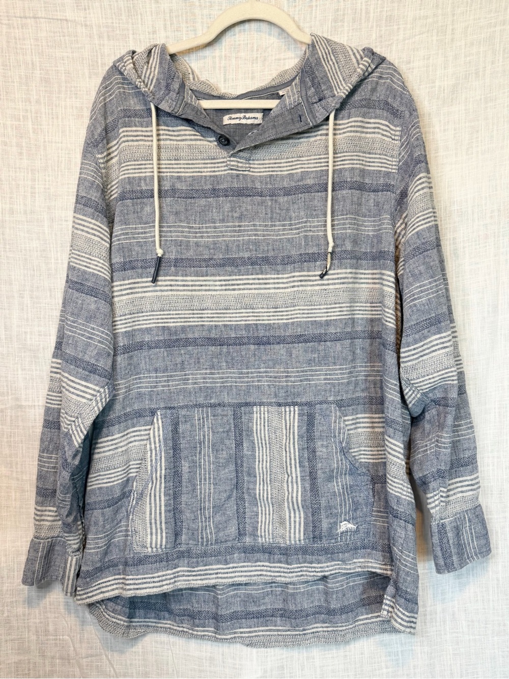 Tommy Bahama Blue and White Striped Hooded Pullover Linen
